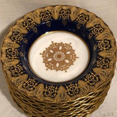 Set of 10 Copeland Spode Cobalt Jeweled Wide Rim Soup Bowls with Raised Gilding
