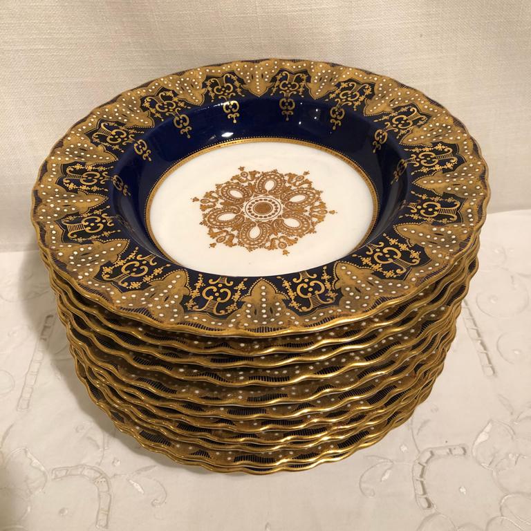 Rococo Set of 10 Copeland Spode Cobalt Jeweled Wide Rim Soup Bowls with Raised Gilding