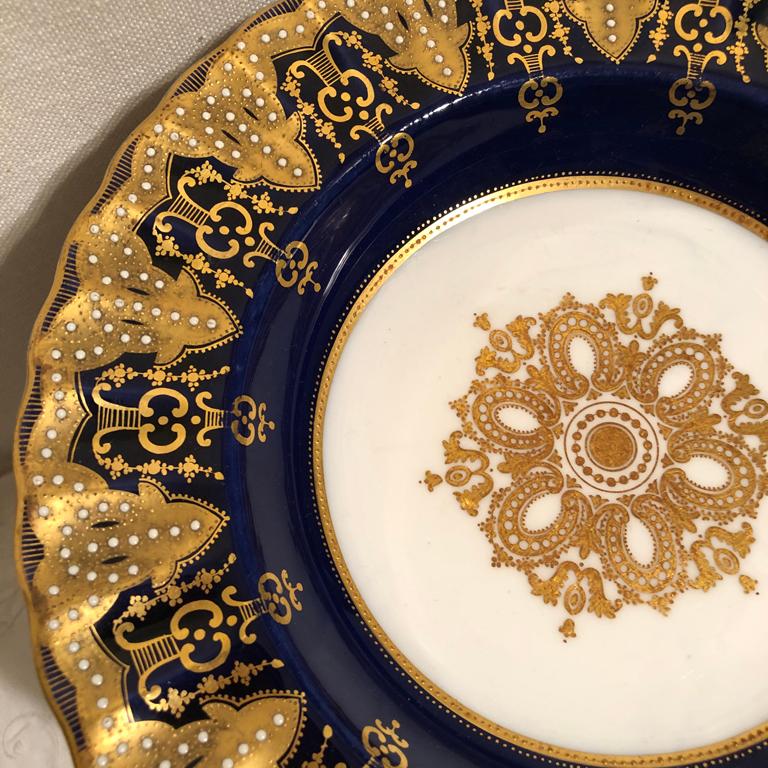 Set of 10 Copeland Spode Cobalt Jeweled Wide Rim Soup Bowls with Raised Gilding In Good Condition In Boston, MA