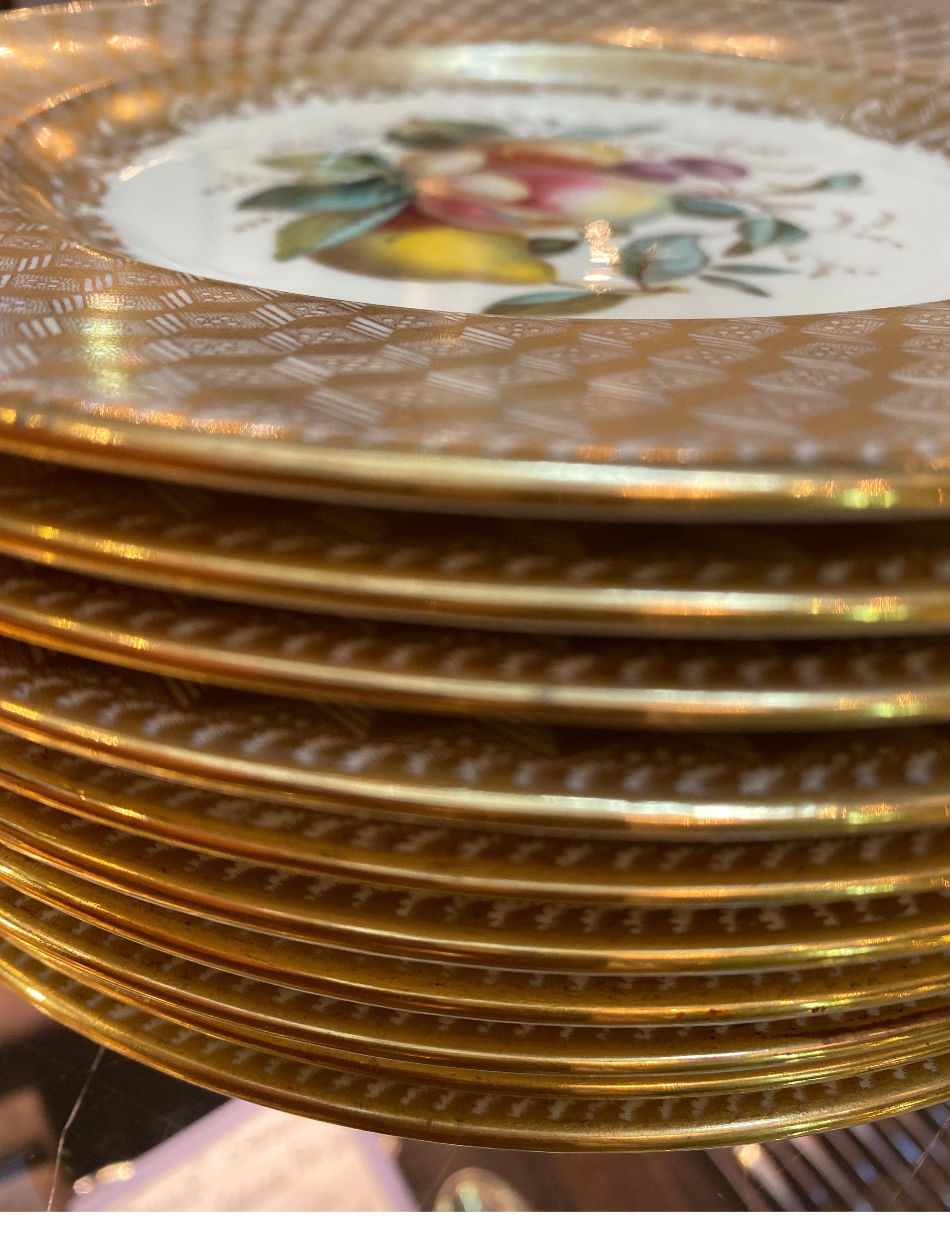 Porcelain Set of 10 Antique English Copeland Spode Hand Painted Fruit Plates For Sale