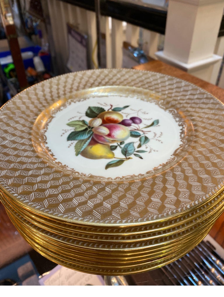 Set of 10 Antique English Copeland Spode Hand Painted Fruit Plates For