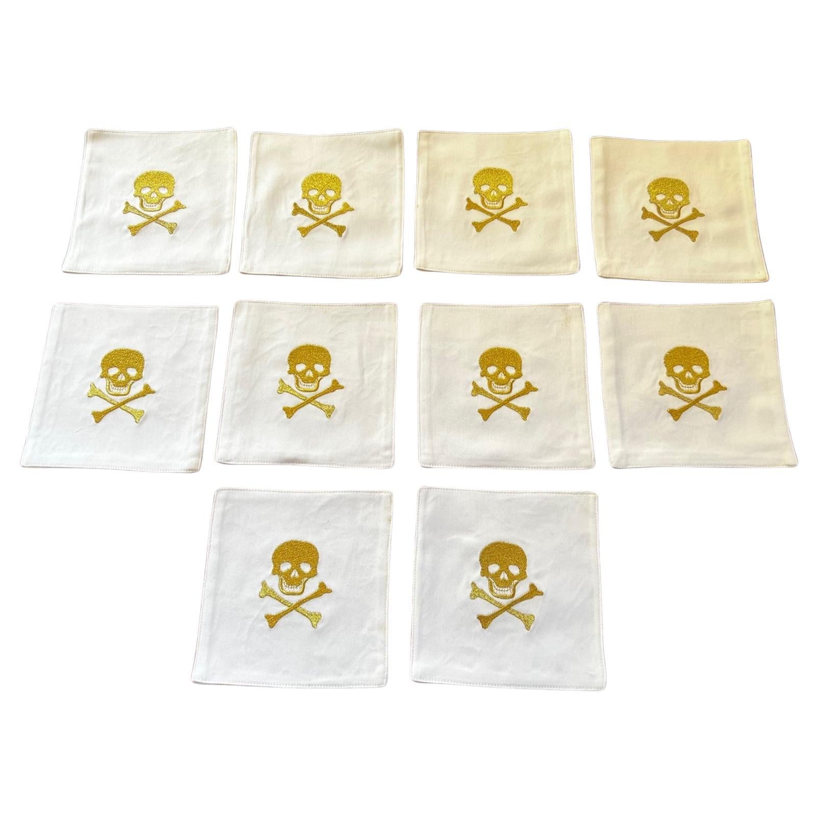 Set of 10 Cotton Cocktail Napkins with Gold Skull and Crossbone Embroidery For Sale