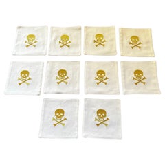 Vintage Set of 10 Cotton Cocktail Napkins with Gold Skull and Crossbone Embroidery