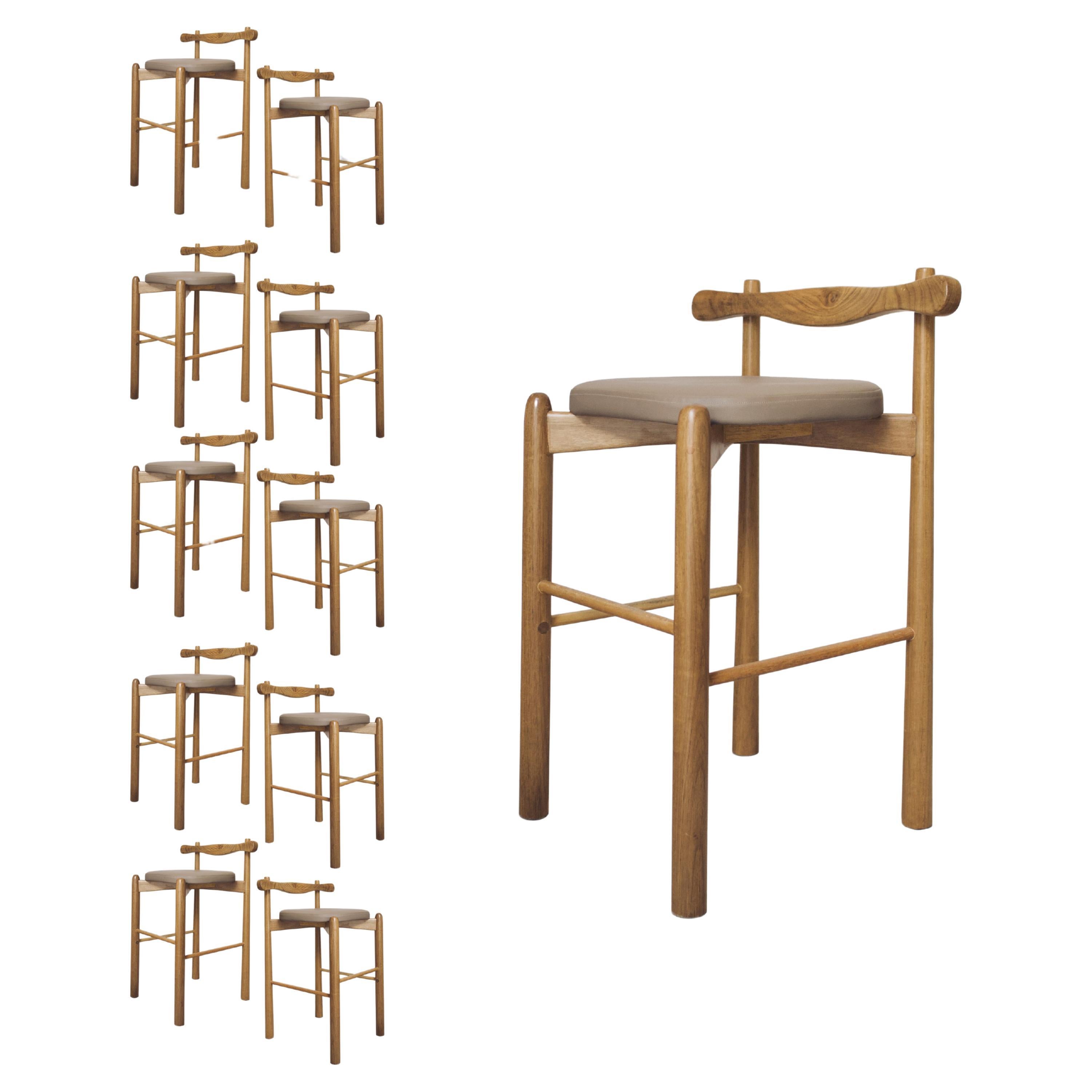 Set of 10 Counter Stools Uçá - Brown Light Brown Finish Wood (fabric ref : F04) For Sale