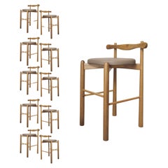 Set of 10 Counter Stools Uçá - Brown Light Brown Finish Wood (fabric ref : F04)