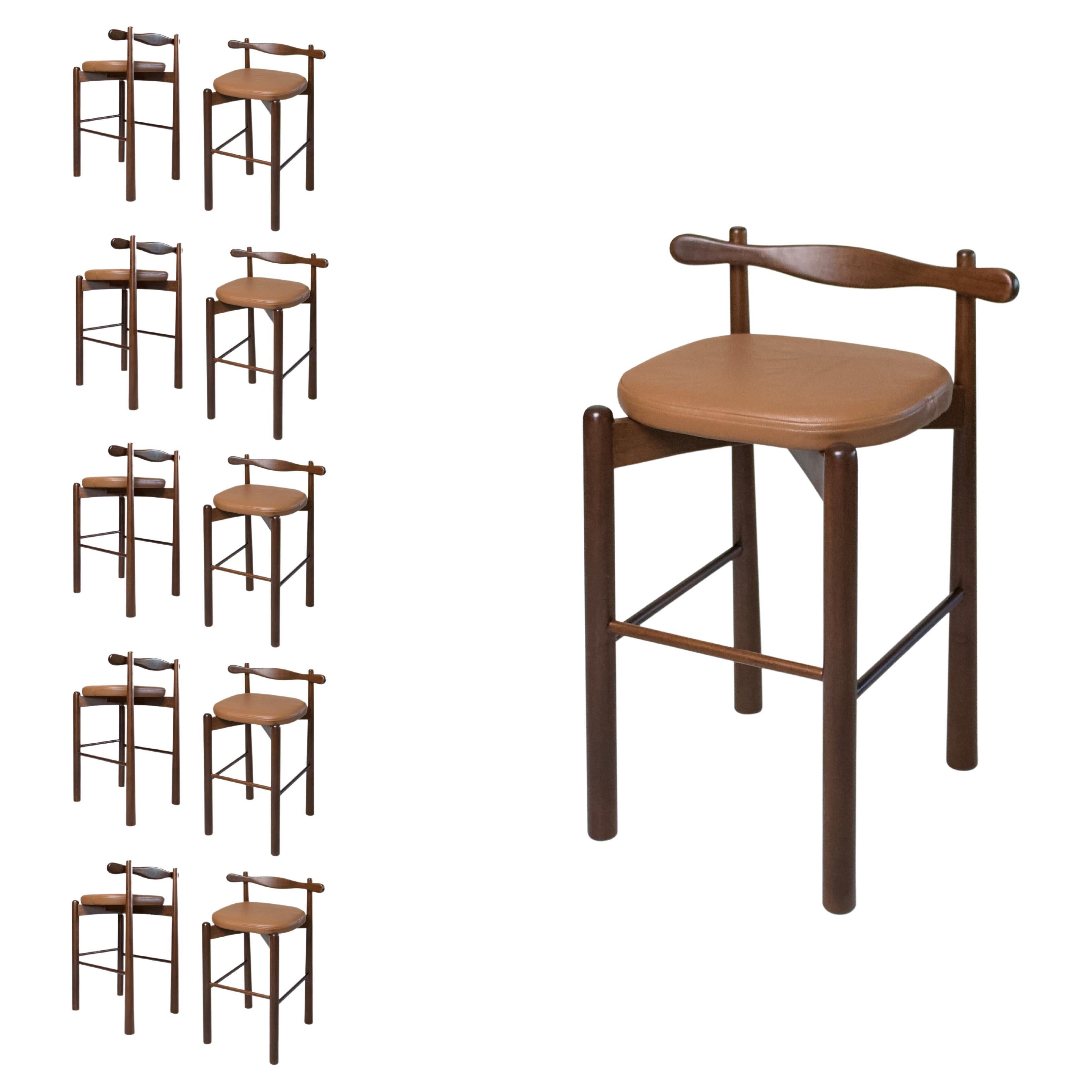 Set of 10 Counter Stools Uçá - Dark Brown Wood (fabric ref : F08) For Sale