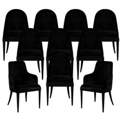 Set of 10 Custom Black Modern Curved Dining Chairs