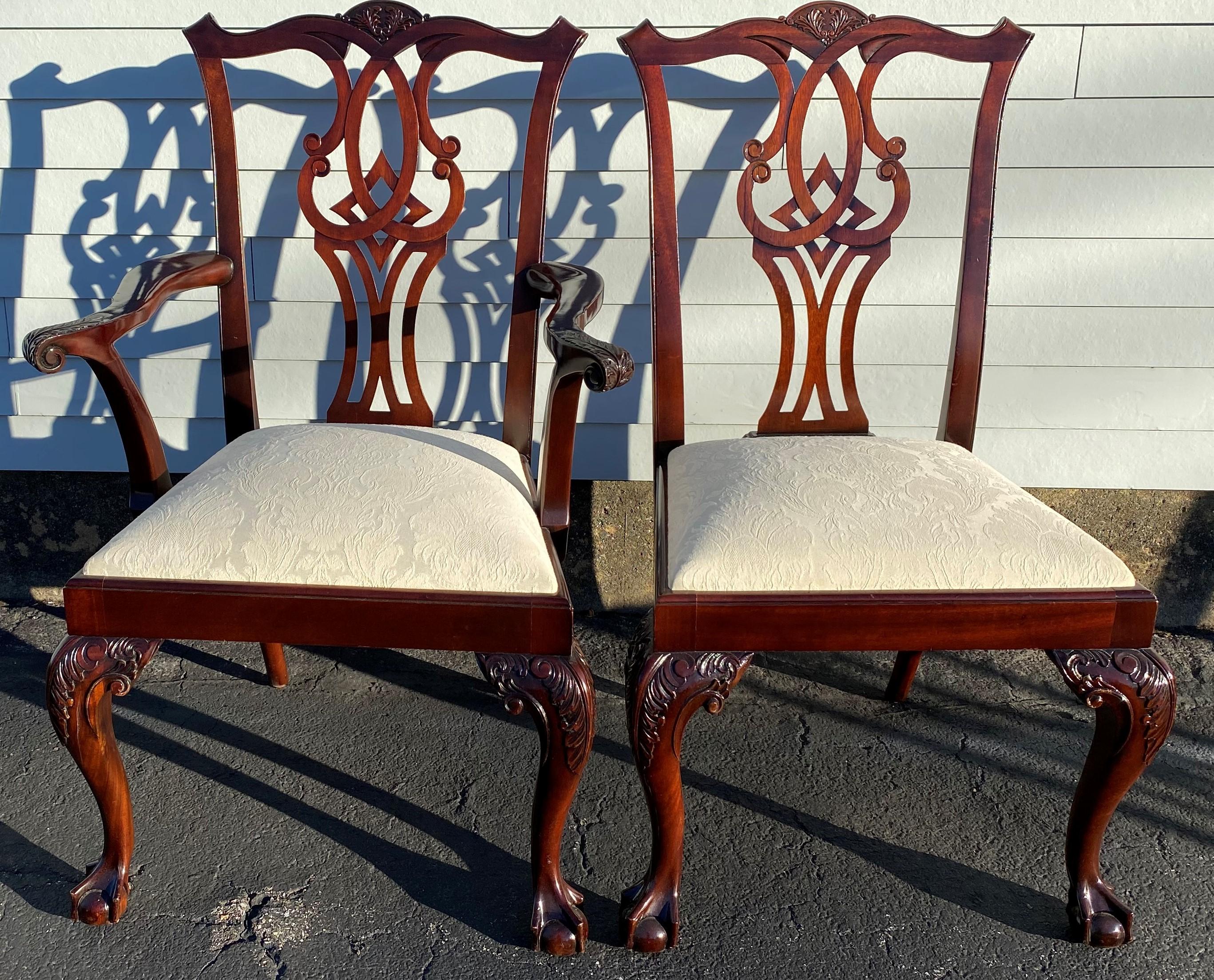American Set of 10 Custom Mahogany Chippendale Style Dining Chairs with Damask Seats