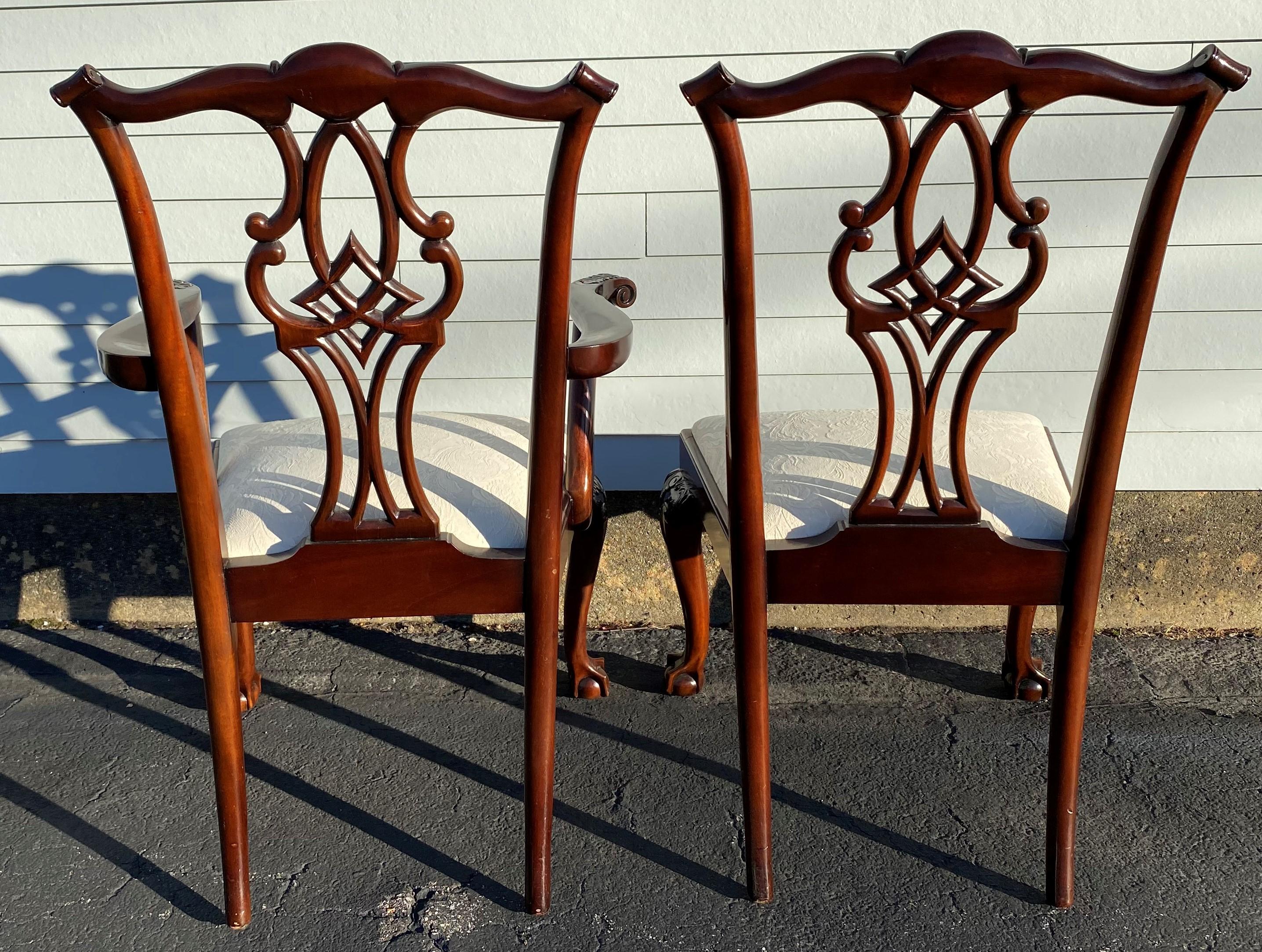 Set of 10 Custom Mahogany Chippendale Style Dining Chairs with Damask Seats In Good Condition In Milford, NH