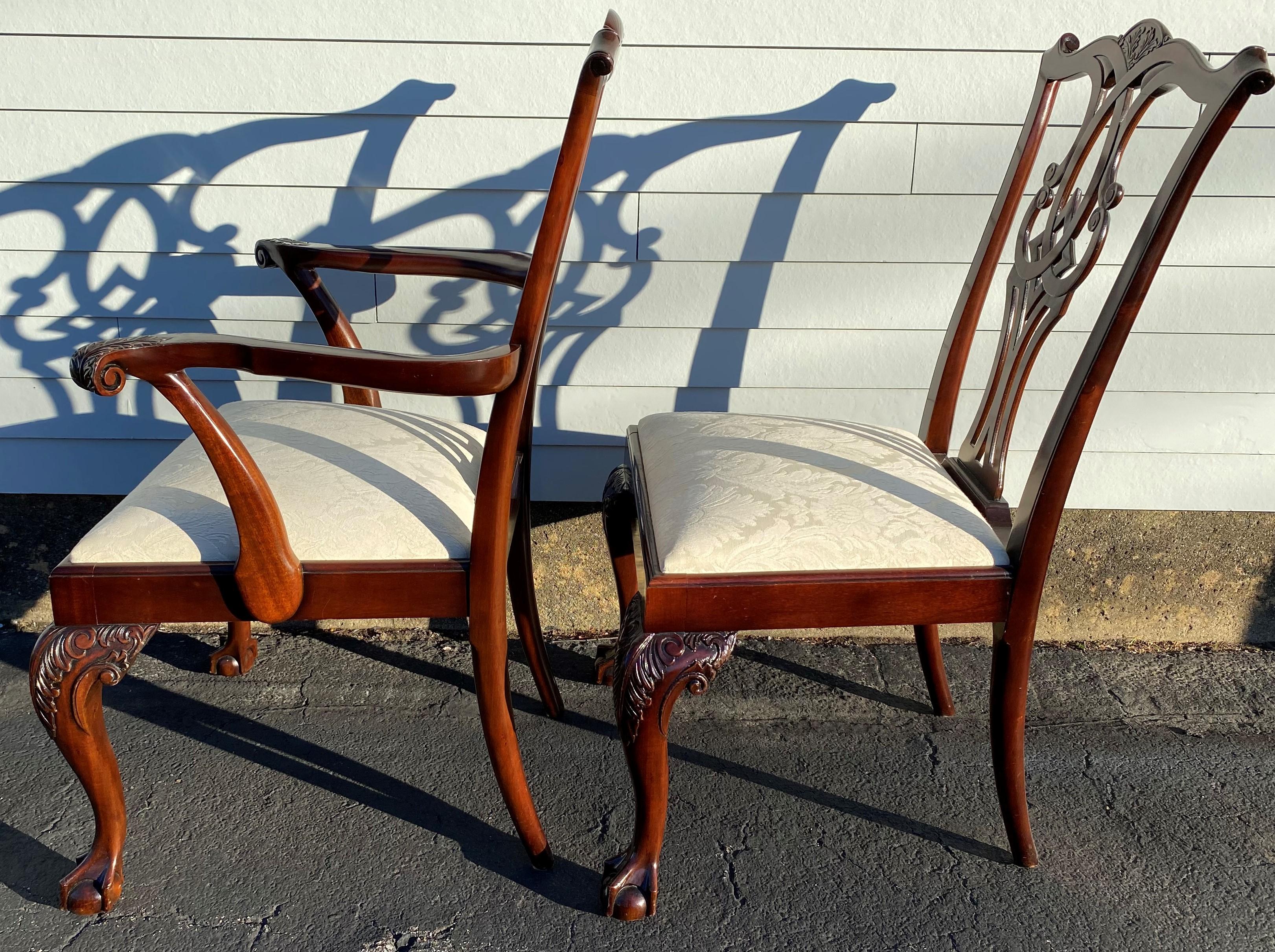 20th Century Set of 10 Custom Mahogany Chippendale Style Dining Chairs with Damask Seats
