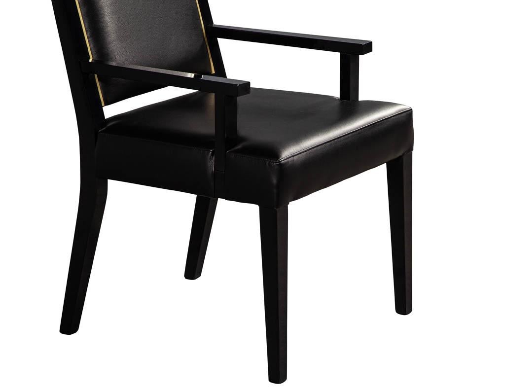 Set of 10 Custom Modern Black Leather Dining Chairs with Brass Detailing 5