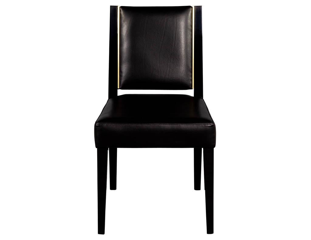 Set of 10 Custom Modern Black Leather Dining Chairs with Brass Detailing 7