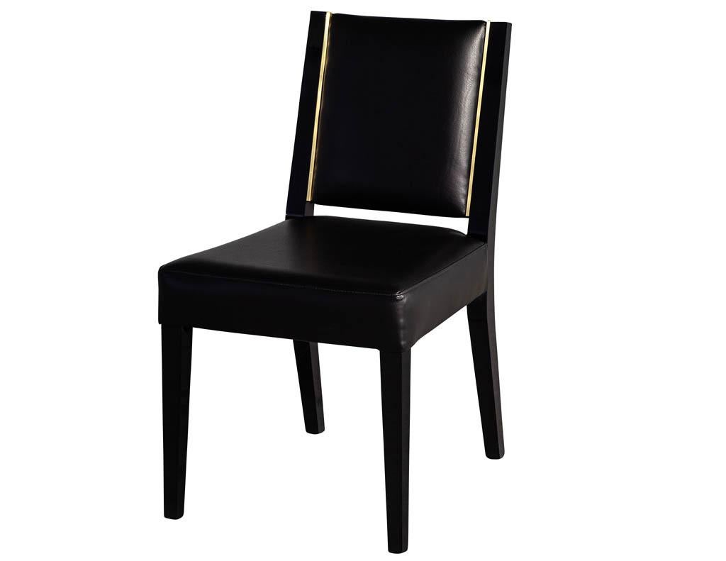 Set of 10 Custom Modern Black Leather Dining Chairs with Brass Detailing 8