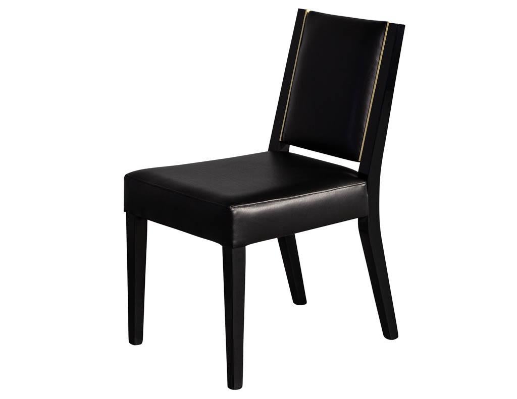 Set of 10 Custom Modern Black Leather Dining Chairs with Brass Detailing 9