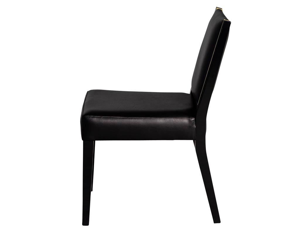 Set of 10 Custom Modern Black Leather Dining Chairs with Brass Detailing 10