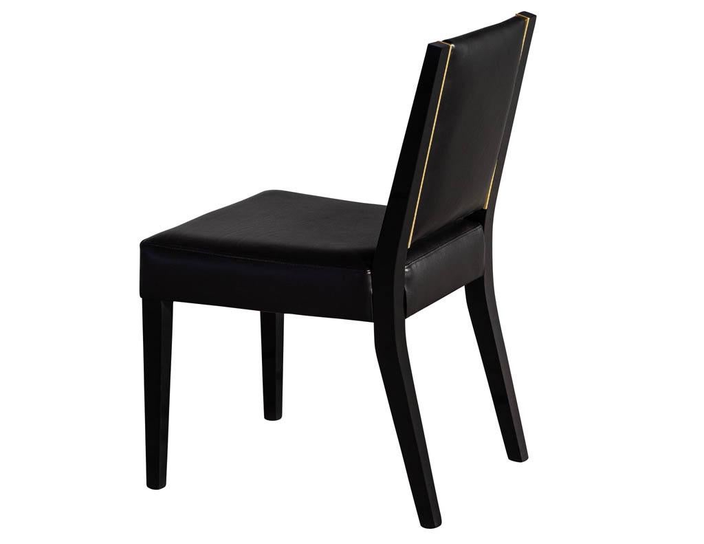 Set of 10 Custom Modern Black Leather Dining Chairs with Brass Detailing 11
