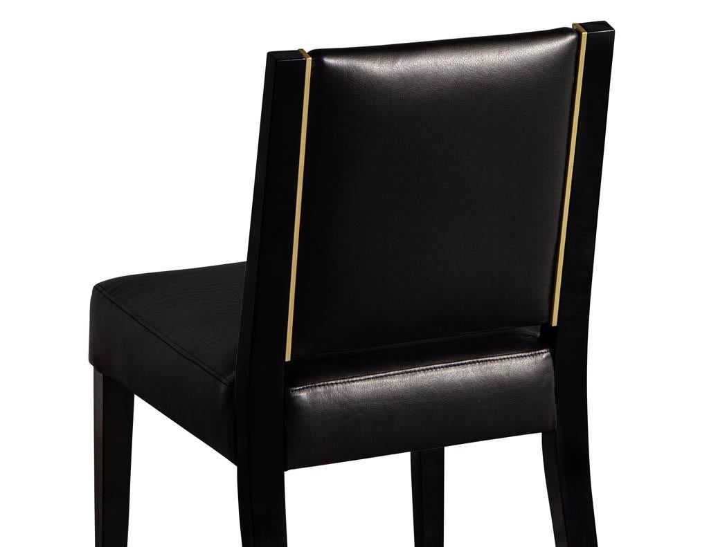 Set of 10 Custom Modern Black Leather Dining Chairs with Brass Detailing 14