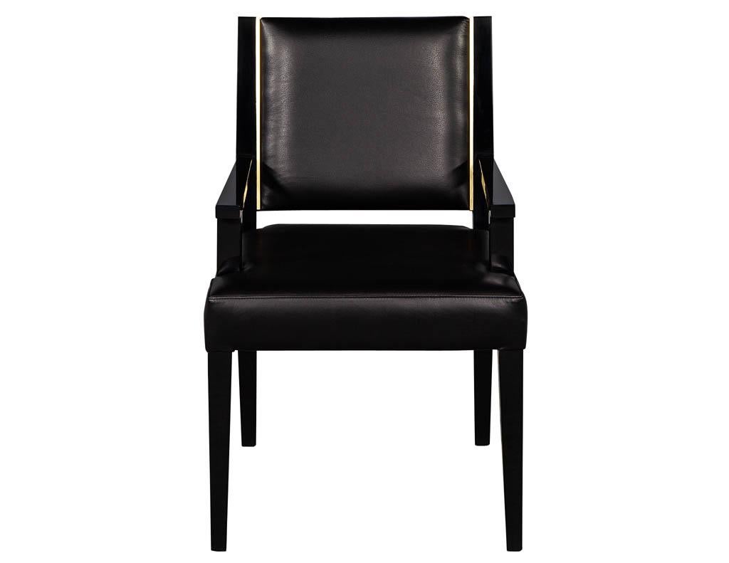 Carrocel custom Nevio dining chair. Featuring clean modern lines, Mid-Century Modern inspired design with inlay brass detail. Handcrafted here in Toronto, Canada by our master craftsmen. Black Italian leather with a rich high gloss hand polished
