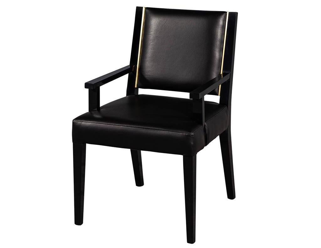 Canadian Set of 10 Custom Modern Black Leather Dining Chairs with Brass Detailing
