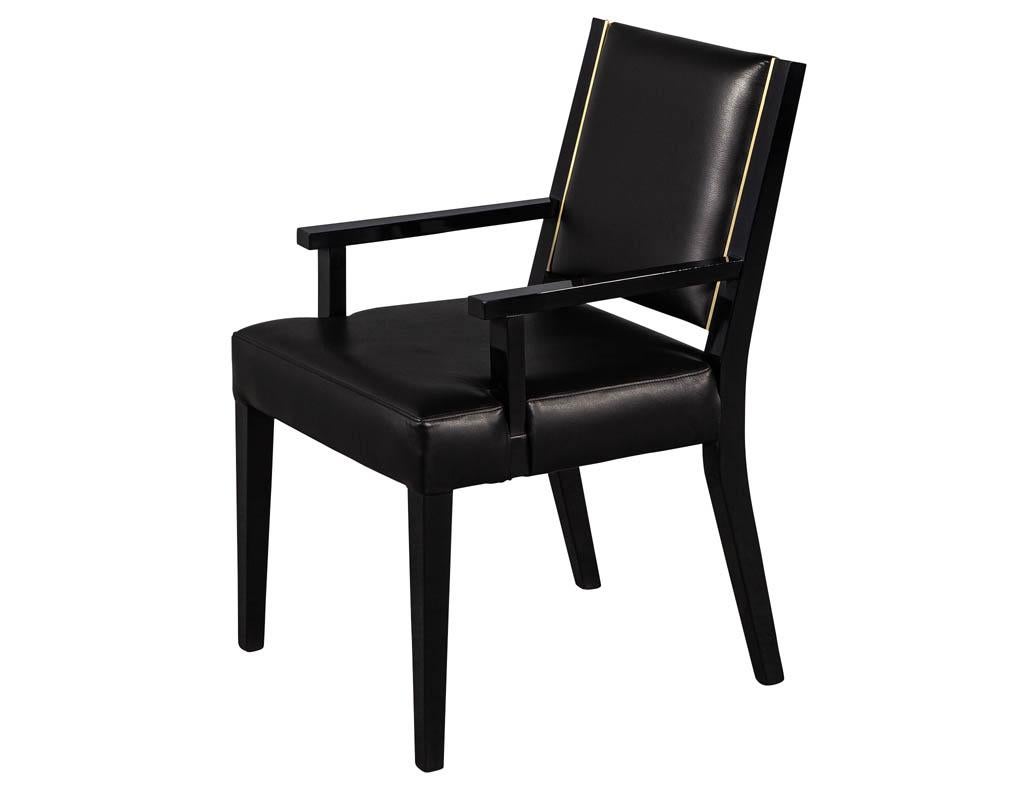 Set of 10 Custom Modern Black Leather Dining Chairs with Brass Detailing In New Condition In North York, ON