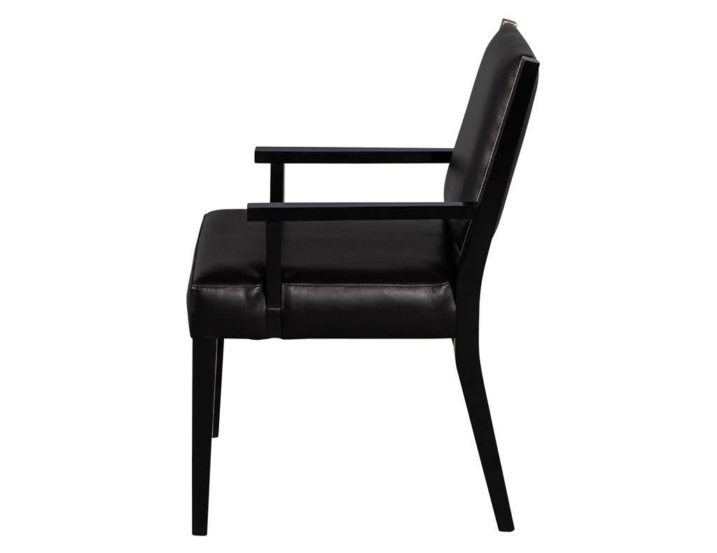 Contemporary Set of 10 Custom Modern Black Leather Dining Chairs with Brass Detailing
