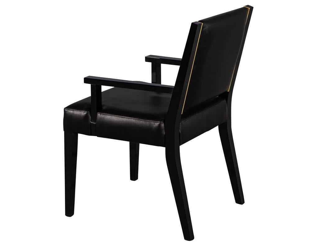 Set of 10 Custom Modern Black Leather Dining Chairs with Brass Detailing 1