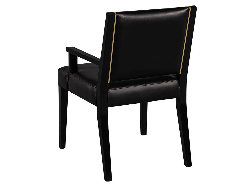 Set of 10 Custom Modern Black Leather Dining Chairs with Brass Detailing 2