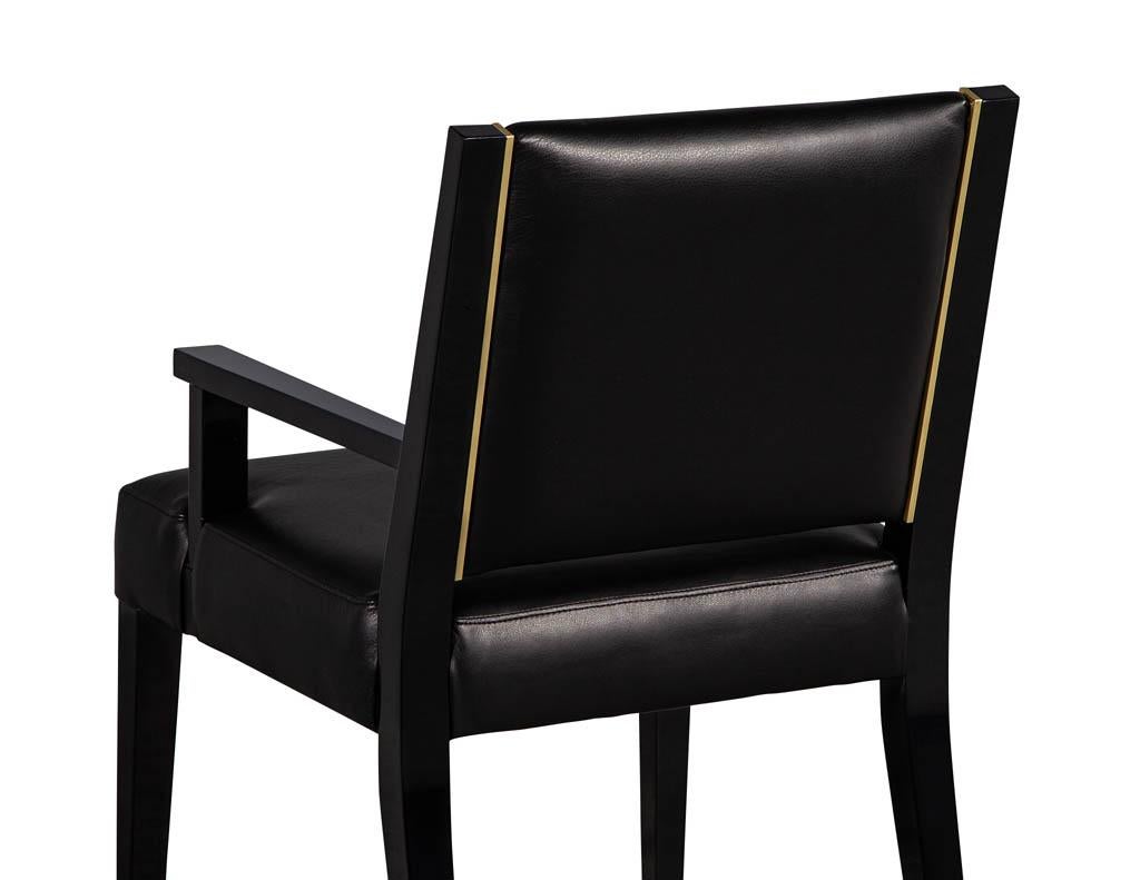 Set of 10 Custom Modern Black Leather Dining Chairs with Brass Detailing 3