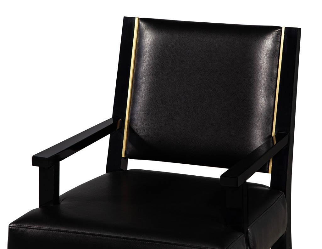 Set of 10 Custom Modern Black Leather Dining Chairs with Brass Detailing 4