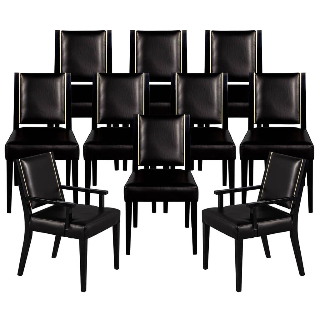 Set of 10 Custom Modern Black Leather Dining Chairs with Brass Detailing