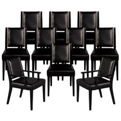 Set of 10 Custom Modern Black Leather Dining Chairs with Brass Detailing