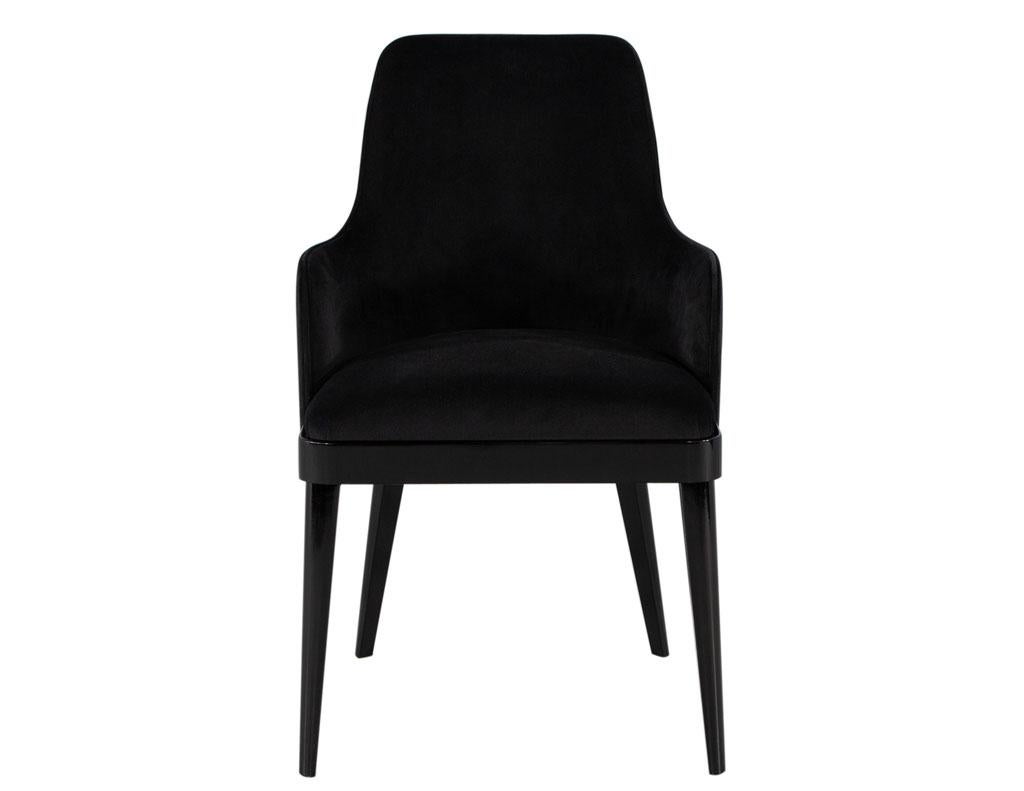 Set of 10 Custom Black Velvet Dining Chairs Svelte Chair. This modern dining chair is the perfect complement to any dining room. The chair is made of beechwood, finished in a black lacquered, high gloss finish. The comfortable black velvet