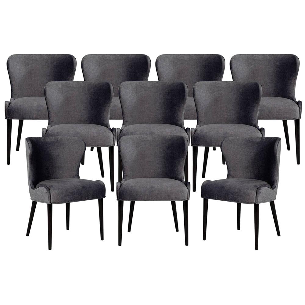 Set of 10 Custom Modern Dining Chairs in Dark Indigo Velvet