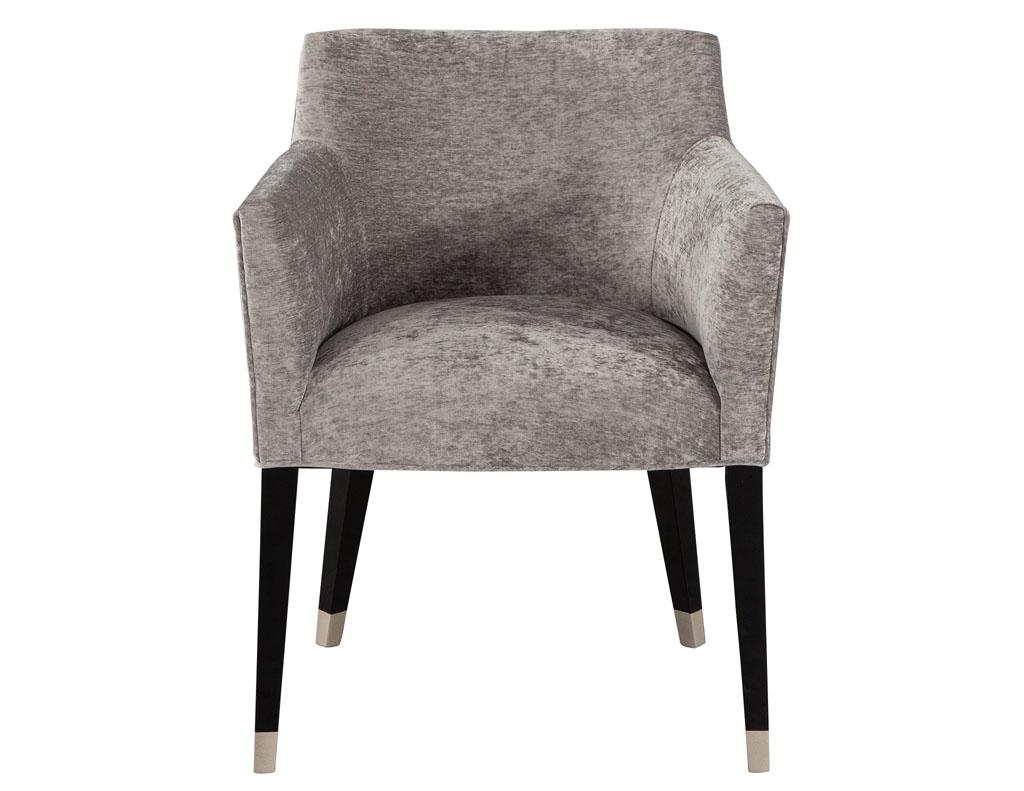 Set of 10 custom modern dining chairs in grey designer velvet. Part of the hand crafted custom collection at Carrocel, the Tonio chair brings mid-century and modern aesthetics in a perfect blend. Crafted here in Canada using solid beechwood,