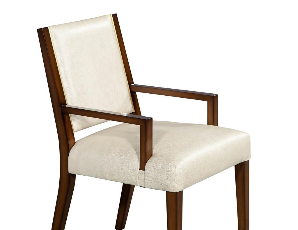 Wood Set of 10 Custom Modern Leather Dining Chairs with Brass