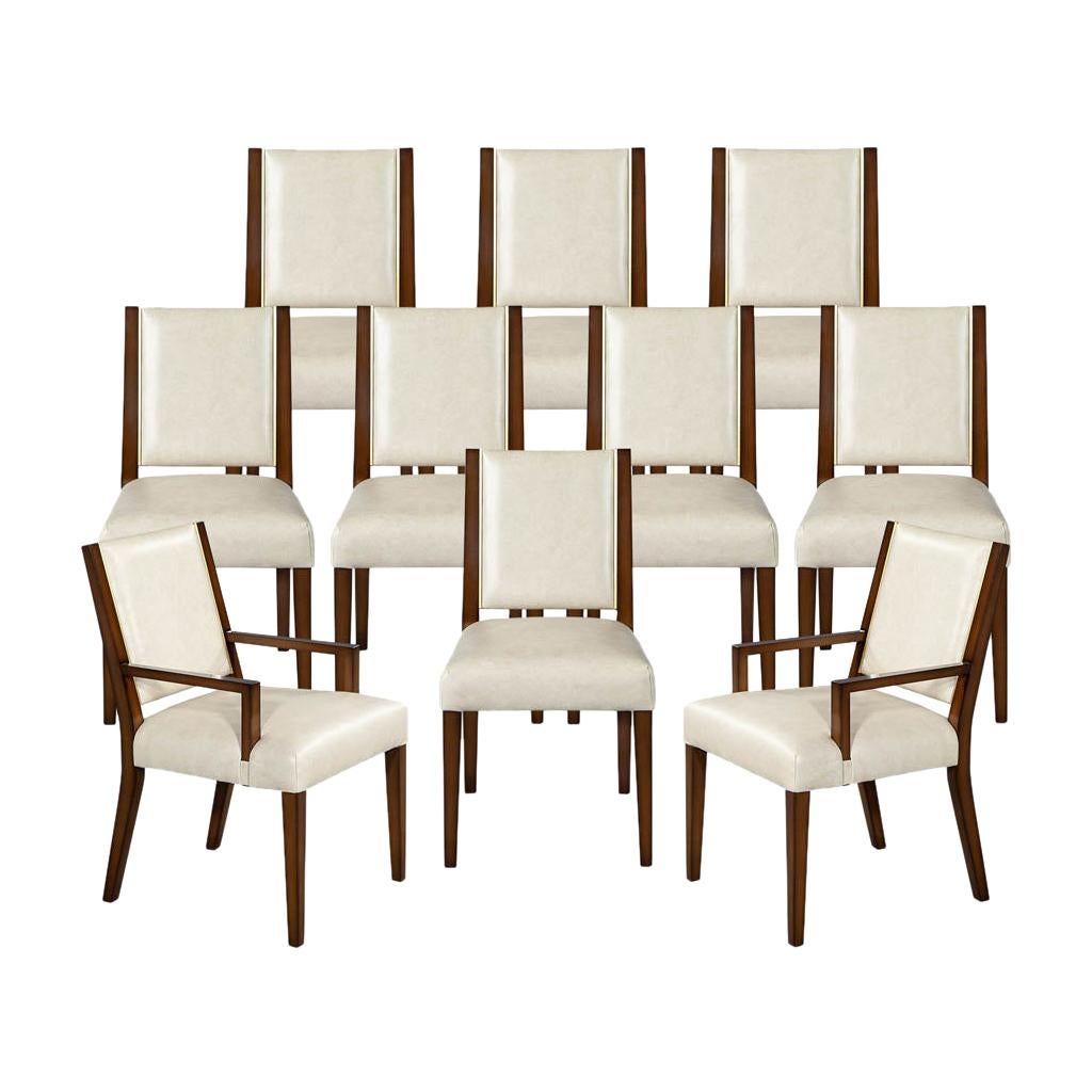 Set of 10 Custom Modern Leather Dining Chairs with Brass