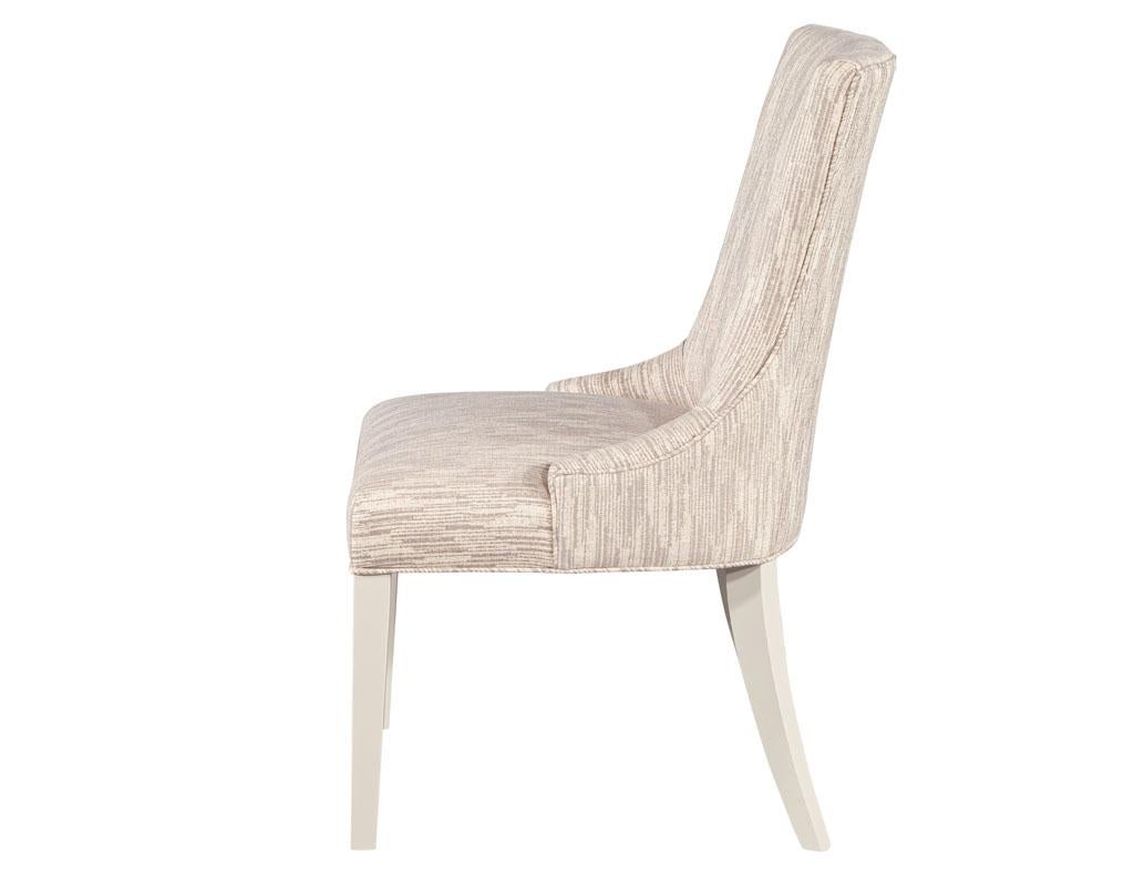 Contemporary Set of 10 Custom Modern White Lacquered Dining Chairs in Designer Fabric For Sale