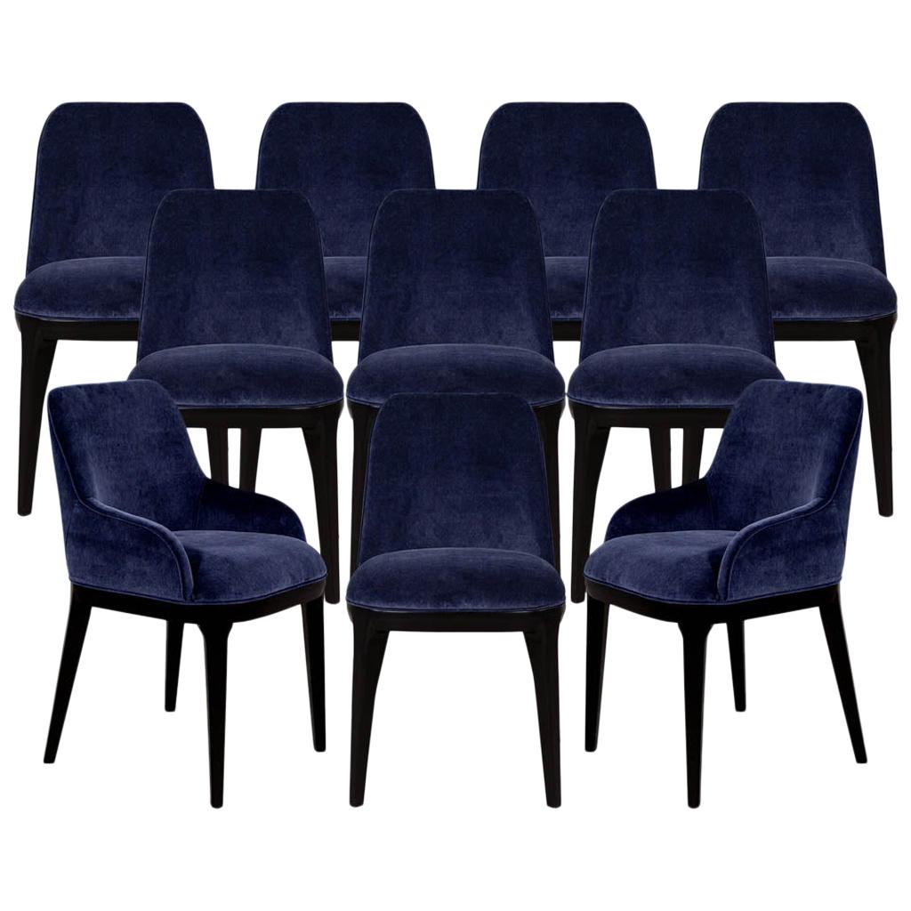 Set of 10 Custom Navy Velvet Modern Dining Chairs