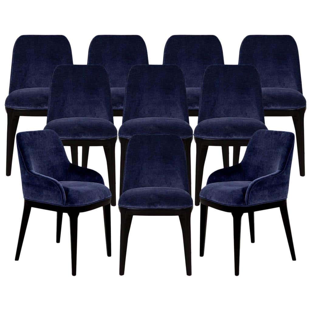Set of 10 Custom Navy Velvet Modern Dining Chairs For Sale at 1stDibs