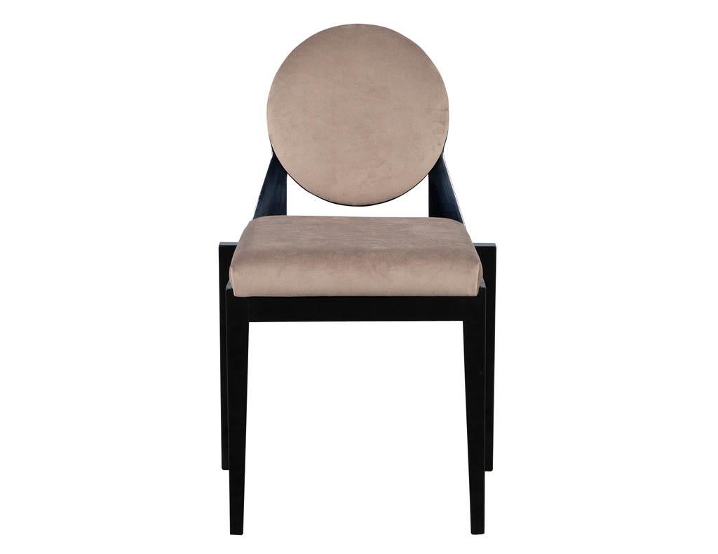 Set of 10 custom round back modern dining chairs Arrondi chair. Featuring sleek black lacquer frame design with modern velvet fabric. New and hand crafted by the Carrocel artisans. Available in custom finishes and fabrics – pricing may vary.
Fabric