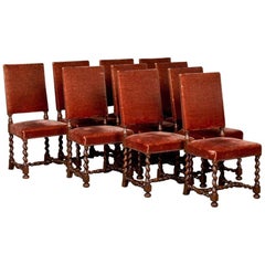 Set of 10 Danish Barley Twist Oak Side Chairs with Vintage Velvet