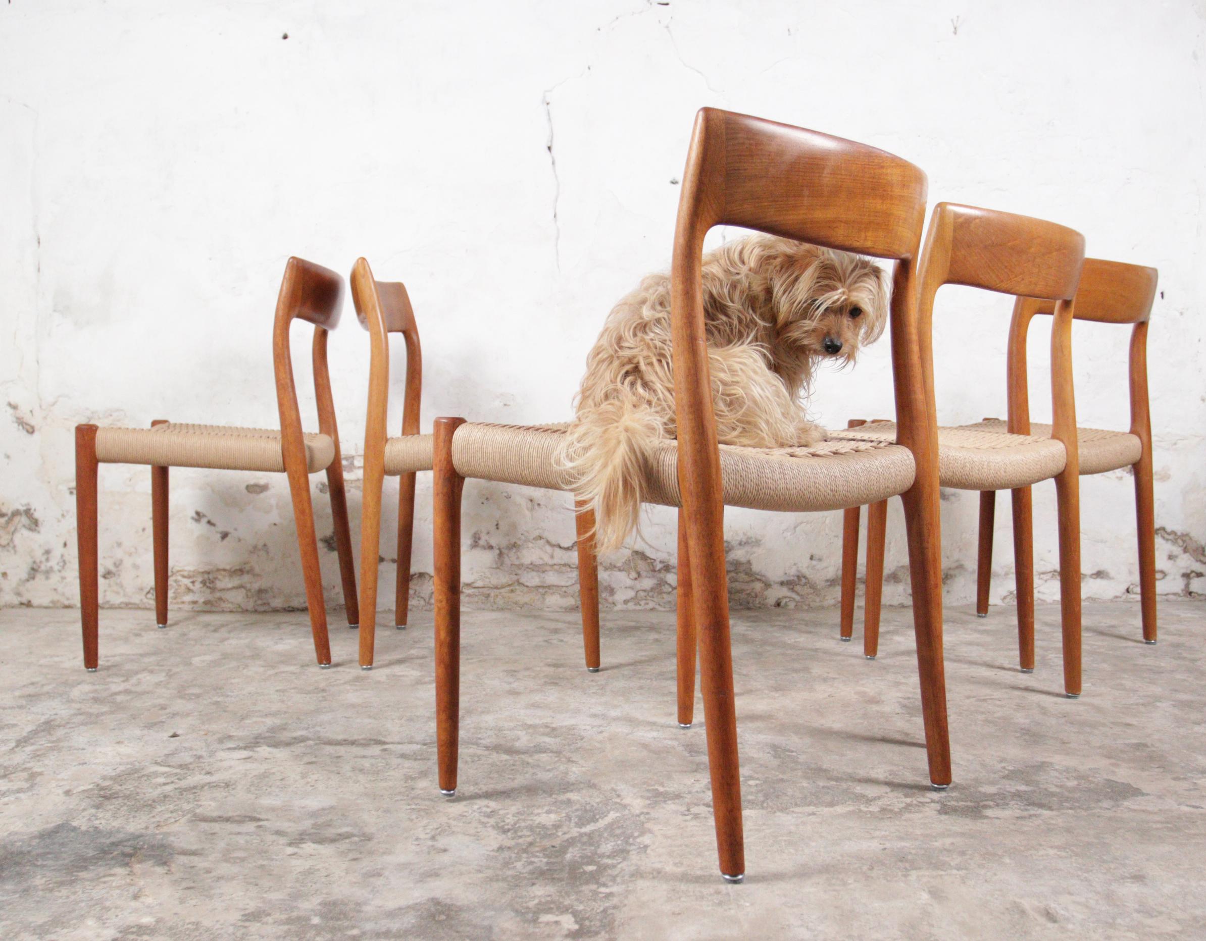 10 Beautiful, fully restored, Model 77 chairs designed by the Danish designer Niels Otto Møller, and manufactured by JL Møllers Møbelfabrik in the 1960s
The frames are made of solid teak and the seat has been re-fitted with paper cord.
Timeless