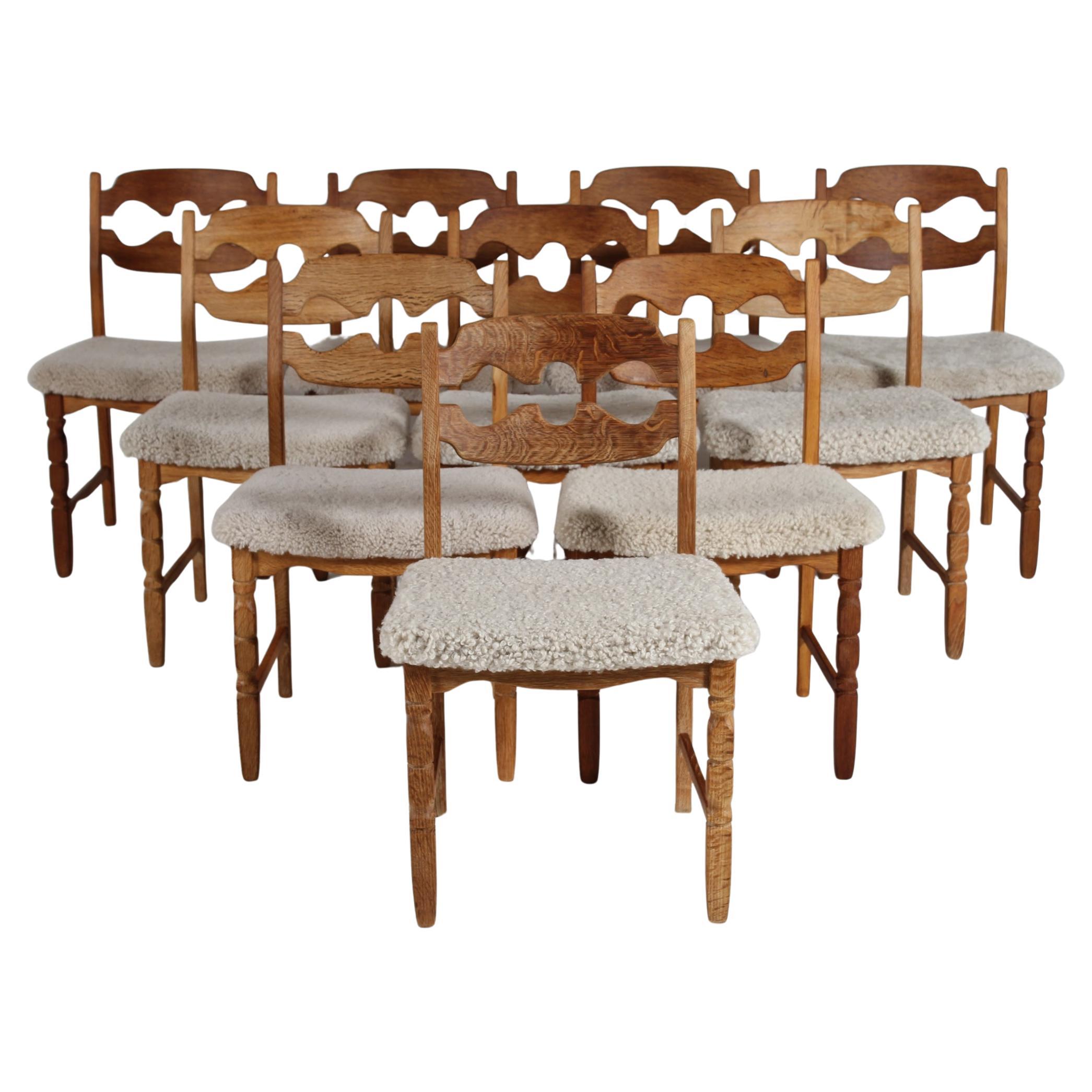 Falegnameria Set di 10 sedie danesi a lama di rasoio Henning Kjærnulf in Oak &New 1970 in vendita