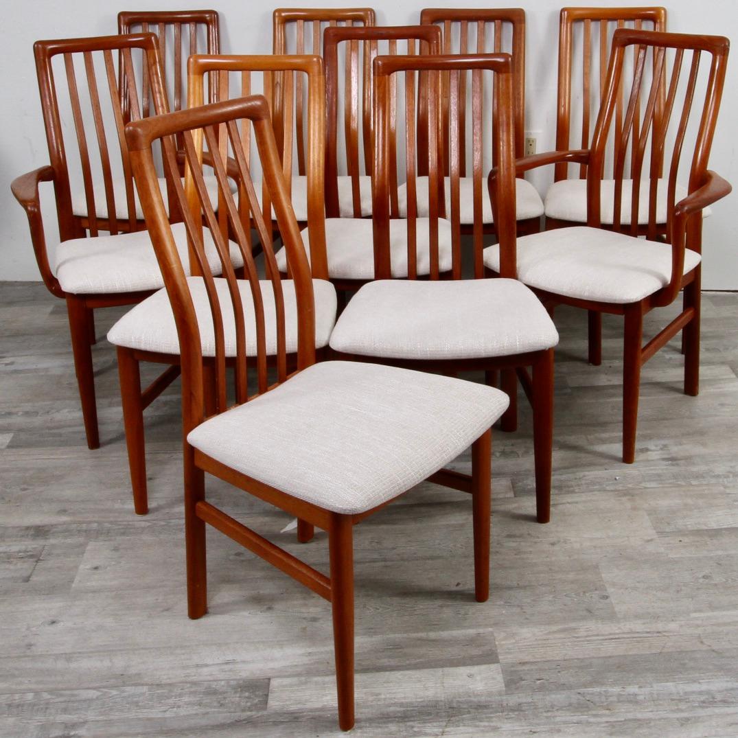 Set of 10 vintage Danish modern dining chairs, made in Denmark, by long standng furniture make SVA Møbler, with maker’s mark present below chairs. Exceptional quality evidenced in hearty yet elegant construction. Lines are beautifully contoured with