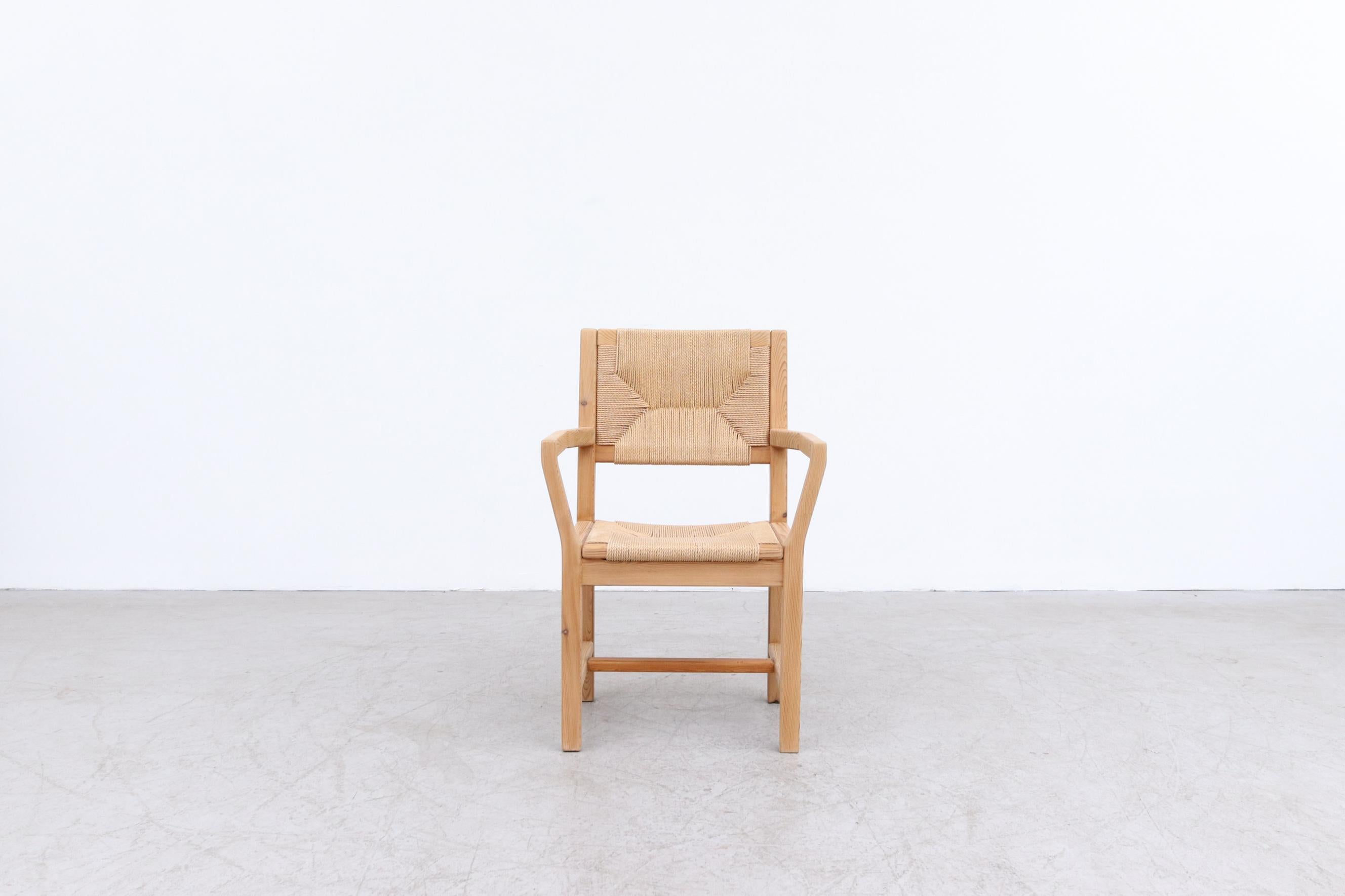 Set of 10 Tage Poulsen pine arm chairs for Gramrode Møbelfabrik, 1970s. Natural pine frames in original condition with paper cord seating. Lightly waxed, in otherwise good original condition. Wear is consistent with their age and use. Set price.