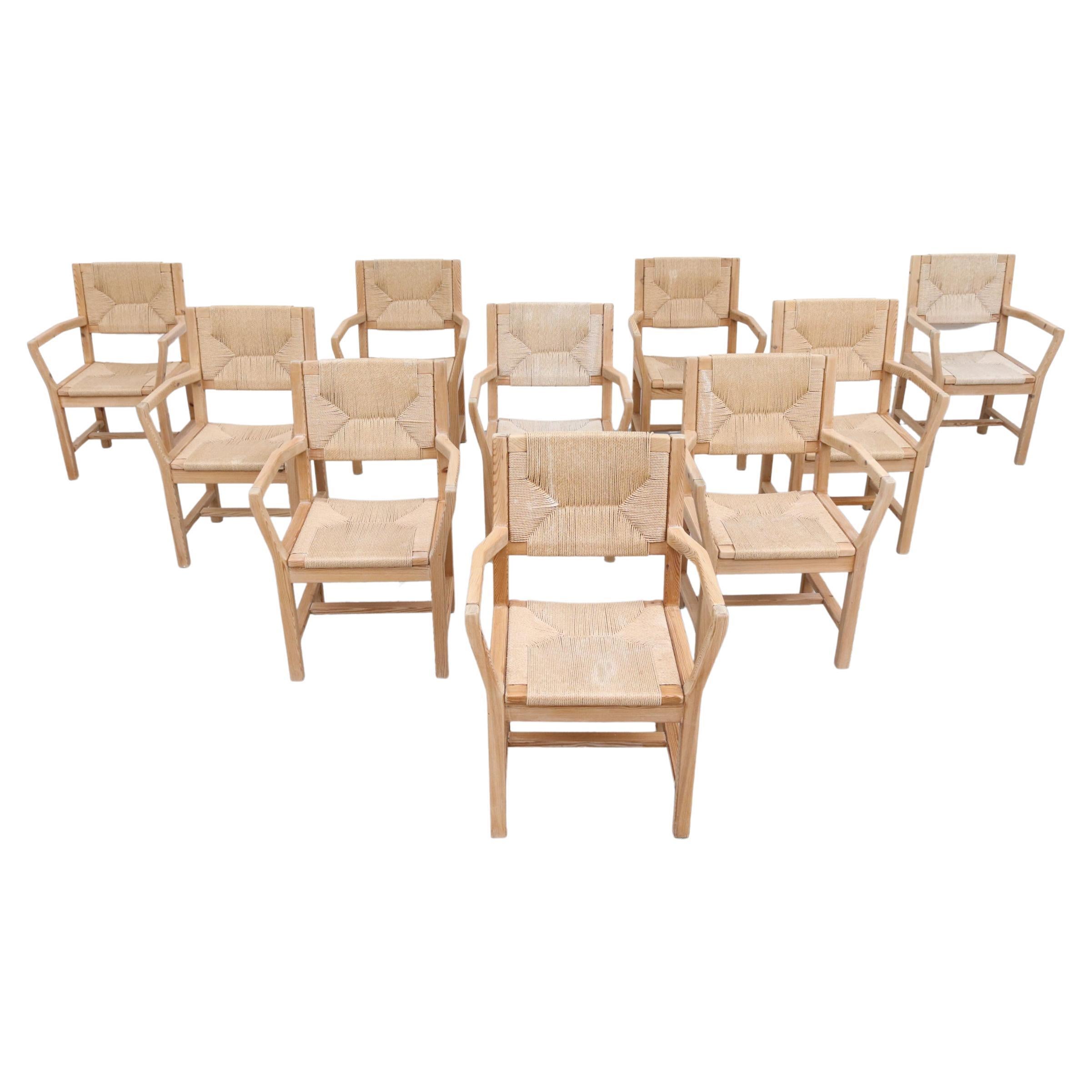 Set of 10 Danish Pine and Papercord Arm Chairs by T. Poulsen for Gm Mobler