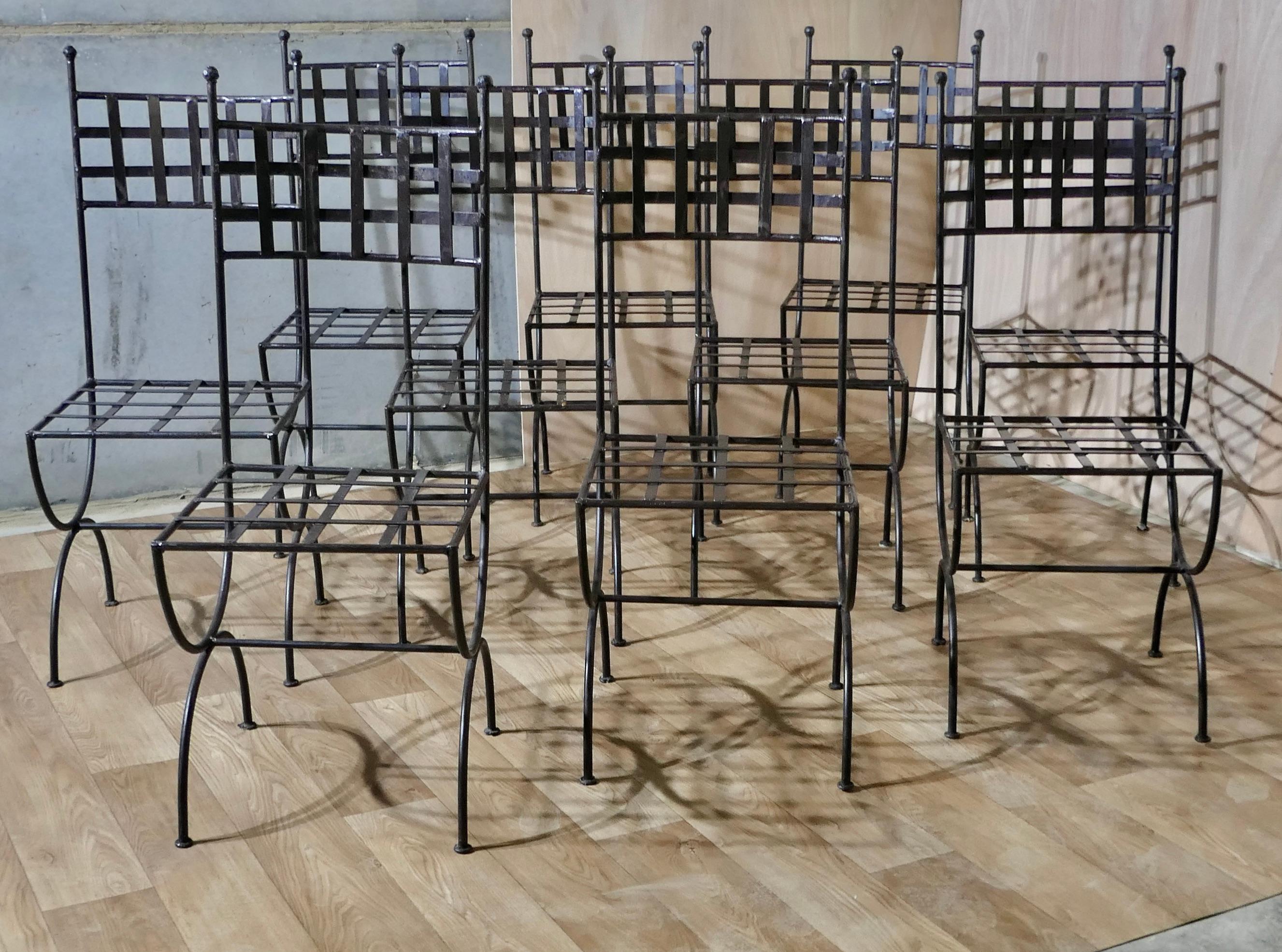 Mid-Century Modern Set of 10 Designer High Back Strap-work Iron Patio Chairs