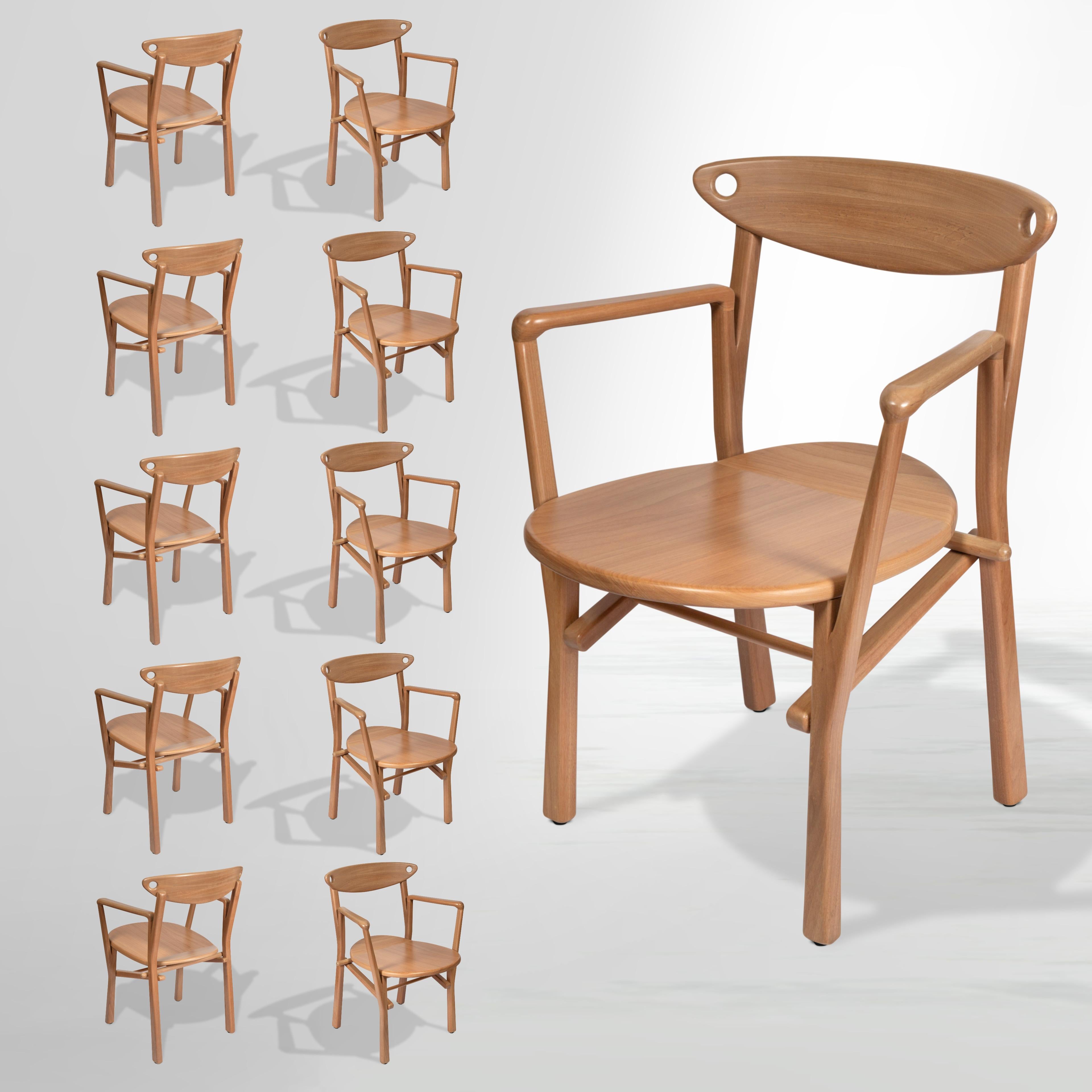 Organic Modern Set of 10 Dining Chairs Laje in Natural Wood For Sale