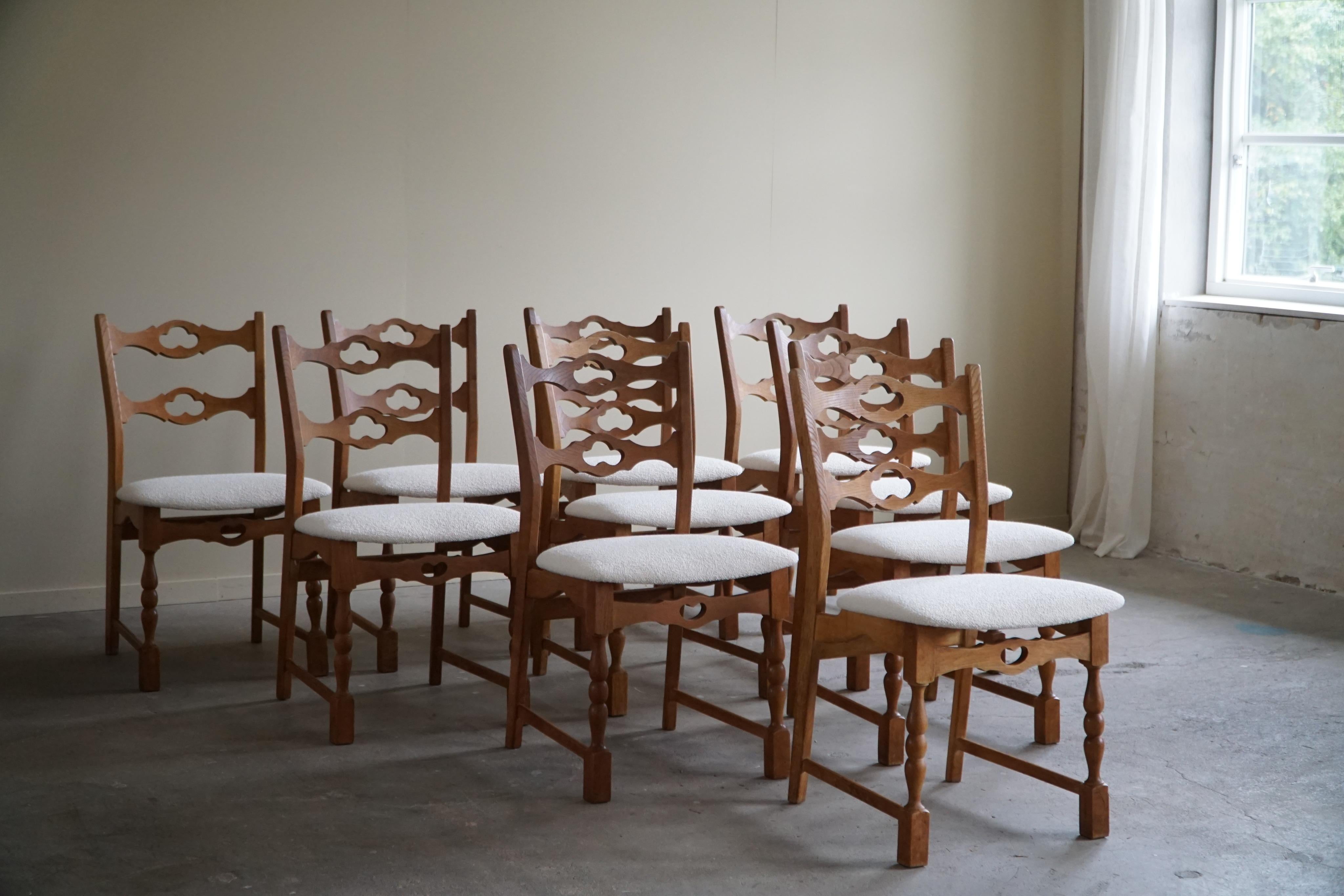 Set of 10 Dining Chairs in Oak & Bouclé, Henning Kjærnulf, Danish Modern, 1960s 9