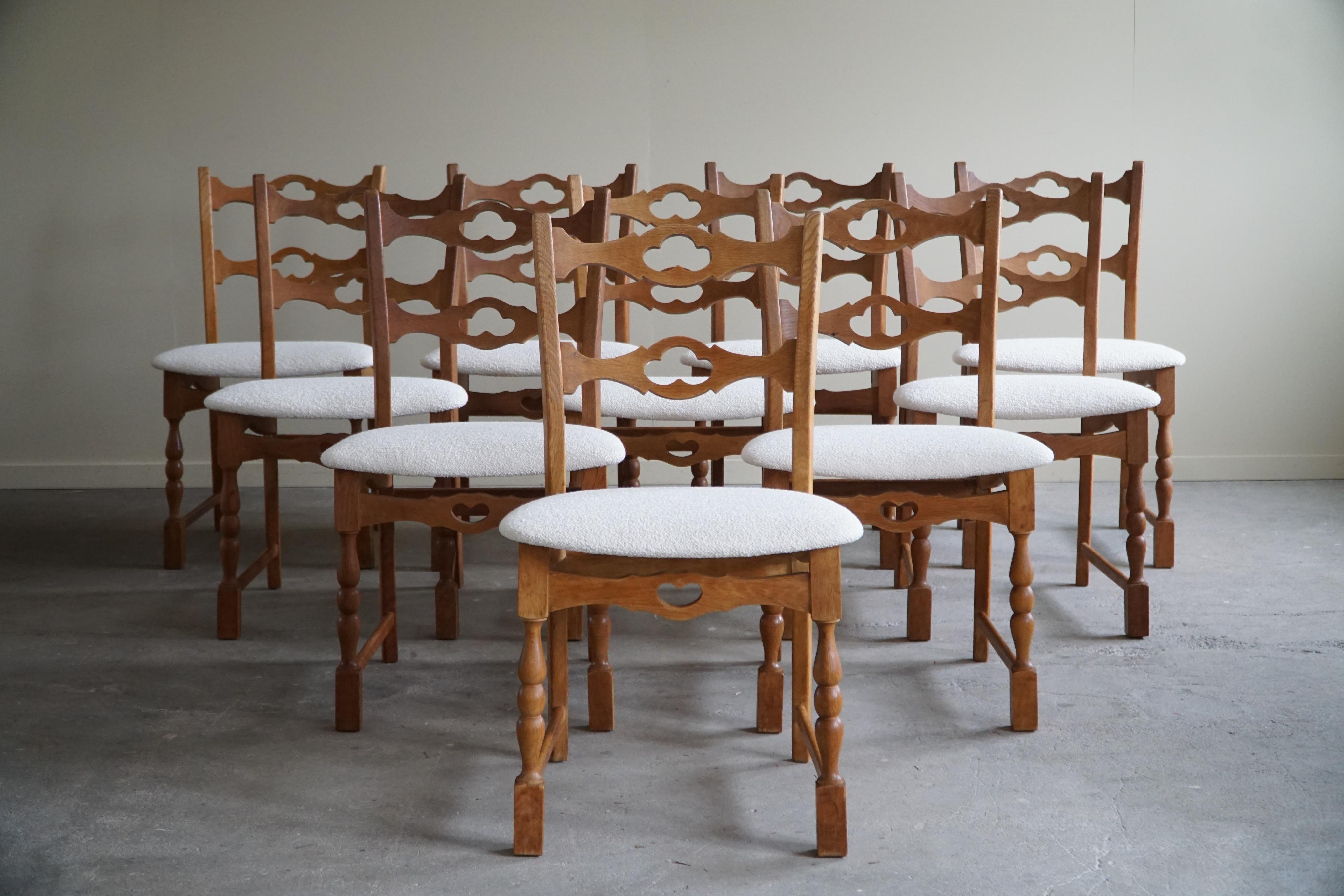 Set of 10 Dining Chairs in Oak & Bouclé, Henning Kjærnulf, Danish Modern, 1960s 10